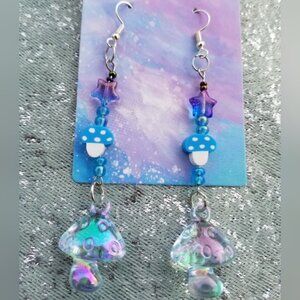 Mushroom star earrings rainbow AB iridescent holographic
